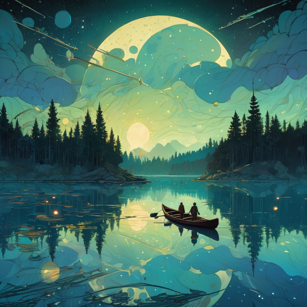 00013-3805229484-duchaitenAiartSDXL_v20-DPM++ 2M Karras -raft floating on a lake reflecting the night sky by nicolas delort, moebius, victo ngai, josan gonzalez, kilian eng  llyong, tre.png